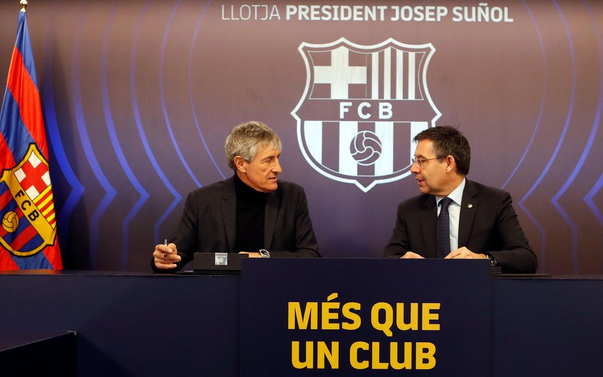 Quique Setién i Josep Maria Bartomeu, a la Llotja President Suñol